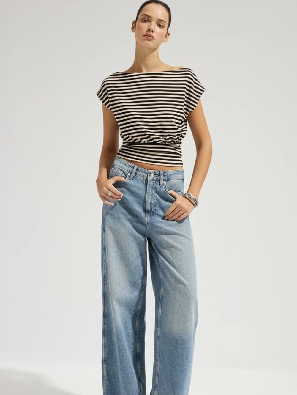NWT COMMENSE Striped Boat Neck Cinch Waist Top-Black - Picture 2 of 9